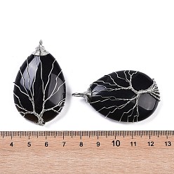 Black Onyx Natural Black Onyx(Dyed & Heated) Big Pendants, Teardrop Charms with Copper Wire Wrapped Tree, Platinum, 49~51.5x31x10~11mm, Hole: 6x5.5mm