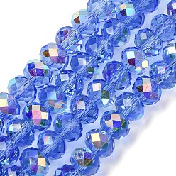 Васильковый Гальванизируйте прозрачное стекло бисер нитей, рондель, с покрытием AB цвета, с половиным покрытием, граненые, васильковый, 8x6 мм, отверстие : 1.2 мм, около 78~80 шт / нитка, 6.89~19.02'' (47.5~48.3 см)