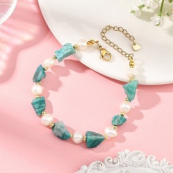 Amazonite Bracelets en pépites d'amazonite naturelle brute et en perles de culture d'eau douce naturelles, or, 7.52 pouces (19.1 cm) ~7.56 pouces (19.2 cm)