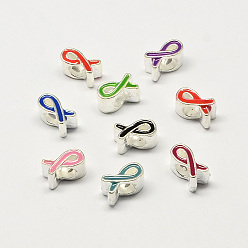 Color mezclado Cinta de la conciencia del esmalte de la aleación granos europeos agujero grande, el color plateado de plata, color mezclado, 11x6x8 mm, agujero: 5 mm