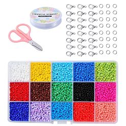Mixed Color 12/0 Glass Round Seed Beads, with Elastic Crystal Thread, Stainless Steel Scissors, Alloy Lobster Claw Clasps, Mixed Color, 1.5~2x1.5~2mm, Hole: 0.5~1mm