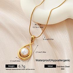 Teardrop 304 Подвеска из нержавеющей стали с искусственным жемчугом, круглая цепочка-змейка для женщин, золотые, белые, слеза, 15.75 дюйм (40 см)