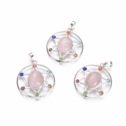 Розовый Кварц Стиль чакр, природного розового кварца подвески, с платиновым тоном латуни и горный хрусталь, плоские круглые со звездой, 38.5x34x8.5 мм, отверстие : 7x4 мм