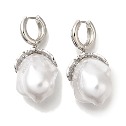 Платина Латунные серьги обруча, с пластмассовой жемчужиной abs, долговечный, без свинца и без кадмия, платина, 43x18~19 мм