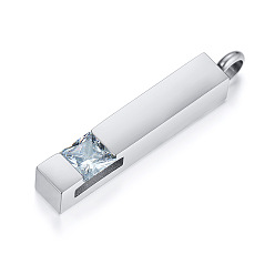 Нержавеющая Сталь Цвет Открывающиеся подвески из нержавеющей стали для урны с прахом, с кубического циркония, кубоид, цвет нержавеющей стали, 38x6 мм