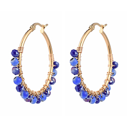 Синий Серьги-кольца с бусинами, со злом бусины глаз, стеклянные бусины и позолоченные 304 серьги-кольца из нержавеющей стали, синие, 40~41x4 мм, штифты : 0.5x1 мм