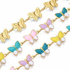 Pink 304 звенья цепи из нержавеющей стали и эмали, с катушкой, несварные, реальный 16 k позолоченный, без никеля , бабочка, розовые, 11x6x2.5 мм, около 16.4 футов (5 м) / рулон