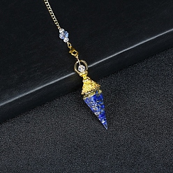 Lapis Lazuli Resin Cone Dowsing Pendulums, Natural Lapis Lazuli Chip inside and Metal Findings Charm, 380mm