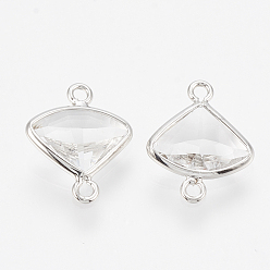 Прозрачный Соединители стеклянные ссылки, с латунной фурнитурой , граненый вентилятора, без никеля , Реальная платина, прозрачные, 12.5x10x3 мм, отверстие : 1 мм