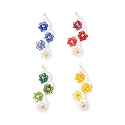 Mixed Color Baking Paint Glass Seed Beaded Big Pendants, Gradient Color Flower Vine Charms, with Glass Beads & Brass Beads & Copper Wire, Faceted, Mixed Color, 55.5x23x4.5mm, Hole: 2.5mm