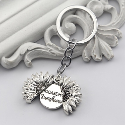 Antique Silver Alloy Keychain, Sunflower, Antique Silver, 3cm