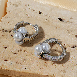 Серебро Квадратные серьги-кольца с имитацией жемчуга из латуни, с кубического циркония, серебряные, 20x12 мм