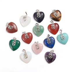Mixed Stone Natural & Synthetic Gemstone Pendants, with Platinum Tone Brass Ice Pick Pinch Bails, Heart, 35~36x30~31x9mm, Hole: 7~8x5mm