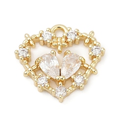 Настоящее золото 14K Латунные микро проложить кубического циркония подвески, без кадмия, без никеля и без свинца, сердце прелести, реальный 14 k позолоченный, 14x15x2.5 мм, отверстие : 1.5 мм