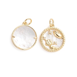 Рак Латунные микро проложить кубического циркония подвески, с натуральной оболочкой и прыжковым кольцом, плоские круглые с двенадцати созвездий, золотые, рак, 17.5x15x2.5 мм, отверстие : 3.5 мм