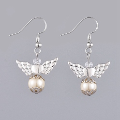 Beige Dangle Earrings, with Glass Pearl Round Beads, Rondelle Glass Beads, Tibetan Style Alloy Wing Beads, Brass Earring Hooks & Bead Caps, Beige, 38mm, Pin: 0.5mm, Pendant: 22.2x21.6x8mm