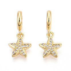 Настоящее золото 18K Латунное микропейв с кубическим цирконием европейские подвески с подвесками, звезда, без кадмия и без свинца, Подвески с большими отверстиями, реальный 18 k позолоченный, 24.5 мм, отверстие : 4.5 мм