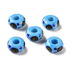 Deep Sky Blue Handmade Lampwork European Beads, Large Hole Beads, Rondelle with Evil Eye, Deep Sky Blue, 14x7mm, Hole: 5.5mm