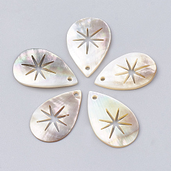 Seashell Color Black Lip Shell Pendants, Teardrop with Star, Seashell Color, 28.5~31x17~20x1.5~2.5mm, Hole: 1.5mm