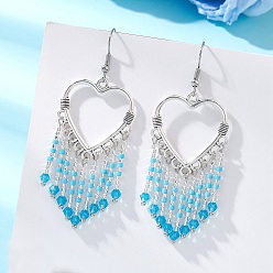 Темно-Голубой Серьги-люстры в форме полого сердца из сплава и стеклянных бусин с кисточками, с железными крюками серьги, золотые, глубокое синее небо, 70x26.5 мм