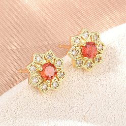 Оранжево-Красный Серьги-гвоздики из латуни с микропаве из кубического циркония для женщин, цветок, без кадмия и без свинца, долговечный, стойки покрытие, реальный 18 k позолоченный, оранжево-красный, 9.5x10.5 мм