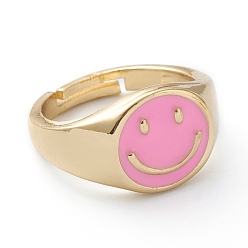 Mixed Color Adjustable Brass Enamel Finger Rings, Long-Lasting Plated, Smiling Face, Real 18K Gold Plated, Mixed Color, US Size 7 1/4(17.5mm)