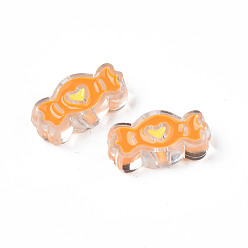 Orange Transparent Acrylic Beads, with Enamel, Candy with Heart, Orange, 13.5x26.5x9mm, Hole: 3mm
