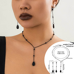 Черный Комплекты серег и ожерелий из латуни и стекла в форме капли для женщин, чёрные, Ожерелья: 350 mm