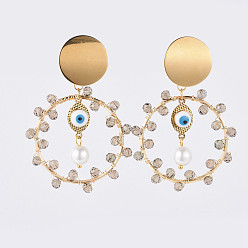 Gray (Jewelry Parties Factory Sale)Dangle Stud Earrings, with 304 Stainless Steel Stud Earrings Findings, Brass Enamel Evil Eye Links, Linking Rings, Glass Beads and Earring Backs, Golden, Gray, 63mm, Pin: 0.7mm