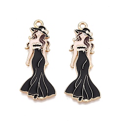 Черный Стойки обшивки сплава эмали подвески, без кадмия, без никеля и без свинца, золотой свет, женское обаяние модели, чёрные, 38x16x1.5 мм, отверстие : 1.8 мм