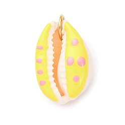 Желтый Кулоны с натуральными ракушками каури с принтом, подвески в форме ракушки с эмалью и 304 соединительными кольцами из нержавеющей стали, без кадмия, без никеля и без свинца, золотые, желтые, 23~28x16~20x12~14 мм, отверстие : 6 мм