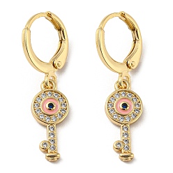 Pink Golden Brass Dangle Leverback Earrings, with Enamel and Cubic Zirconia, Key with Evil Eye, Pink, 30x7mm