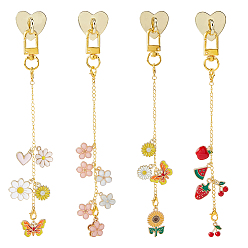 Mixed Color 4Pcs Flower Fruit Butterfly Heart Alloy Enamel Mobile Phone Cover Decoration, with Alloy Swivel Clasps, Mixed Color, 187~200mm