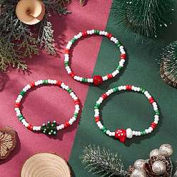 Mixed Color 3Pcs 3 Styles Christmas Glass Seed & Handmade Lampwork Beads Stretch Bracelets for Women, Mixed Color, Inner Diameter: 2-1/4 inch(5.8cm), 1pc/style