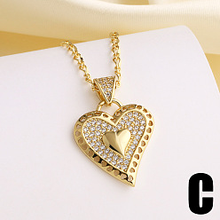 Golden Valentine's Day Brass Micro Pave Clear Cubic Zirconia Pendant Necklaces for Women, Heart, Golden, 17.32 inch(44cm), pendant: 28x20mm