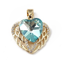 Medium Turquoise Real 18K Gold Plated Rack Plating Brass Micro Pave Clear Cubic Zirconia Pendants, with Glass, Long-Lasting Plated, Cadmium Free & Lead Free, Heart Charm, Medium Turquoise, 19x19x8mm, Hole: 5x3mm