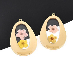 Pink 304 подвески из нержавеющей стали с эпоксидной смолой, слезинка с сухоцветом, ионное покрытие (ip), реальный 18 k позолоченный, розовые, 34x23x3 мм, отверстие : 1.6 мм