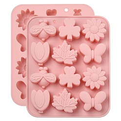 Pink 2Moldes de silicona para fondant con forma de abeja, mariposa, hoja, hierba y flor, moldes de resina, para chocolate, caramelo, resina uv, fabricación artesanal de resina epoxi, rosa, 175x141x18 mm