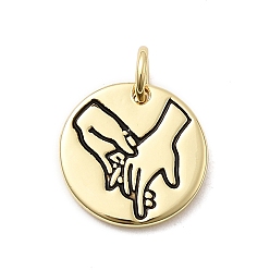 Черный Латунь эмаль подвески, плоский круглый с любовью держащий руку, стойки покрытие, долговечный, без кадмия и без свинца, реальный 18 k позолоченный, с целью перехода в кольце, чёрные, 13x1.5 мм, отверстие : 3.2 мм