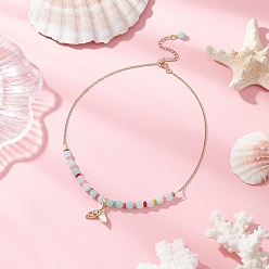 Лазурный Ожерелья из круглых бусин из натурального смешанного камня и кварцевого кристалла, латунные микропаве прозрачные кубические цирконии эпоксидная смола ожерелья с подвеской в виде рыбьего хвоста, золотые, лазурный, 16.14 дюйм (41 см)