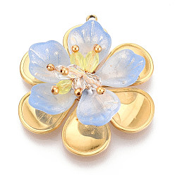 Светло-Голубой 304 подвески из нержавеющей стали, цветок, со стеклом, реальный 18 k позолоченный, ионное покрытие (ip), Небесно-голубой, 40x33.5x10~11 мм, отверстие : 1.8 мм
