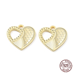 Real 18K Gold Plated 925 Sterling Silver Charms, Heart with Polka Dot Charm, Textured, Real 18K Gold Plated, 12x13x1.2mm, Hole: 1.5mm