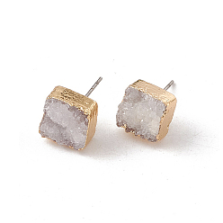 Gainsboro Natural Dyed Druzy Quartz Stud Earrings, with Brass Findings, Square, Golden, Gainsboro, 9~11x9~11x4~7mm, Pin: 0.7mm