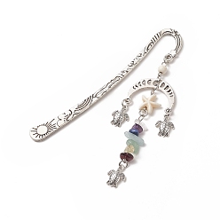 Mixed Stone Moon Phase & Sea Turtle Pendant Bookmarks, Gemstone Chip Bookmarks, Alloy Hook Bookmark, 205mm