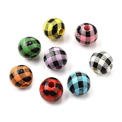 (52) Непрозрачная лаванда Набивные шима деревянные бусины, круглый с рисунком тартана, разноцветные, 16 мм, отверстие : 3.7 мм