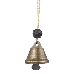 Античная Бронза Железо колокол подвесные украшения, Круглые бусины из натурального лавового камня и джутовый шнур для домашних настенных украшений, античная бронза, 135 мм