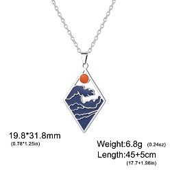 Color de Acero Inoxidable 304 Collares con colgante de ola marina azul y sol en acero inoxidable esmaltado para mujer, rombo, color acero inoxidable, 17.72 pulgada (45 cm), colgante: 19.8x31.8 mm