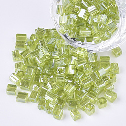 Yellow Green 6/0 Glass Seed Beads, Transparent Colours Luster, Square Hole, Cube, Yellow Green, 6/0, 3~5x3~4x3~4mm, Hole: 1.2~1.4mm, about 4500pcs/bag