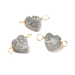 Silver Natural Druzy Agate Connector Charms, with Golden Tone Copper Wire, Dyed, Heart, Silver, 18~20x9~10x4~5mm, Hole: 3mm