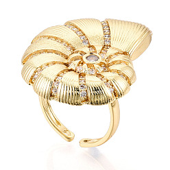 Настоящее золото 18K Латунные микропаве кубические цирконии регулируемые открытые манжеты кольца для женщин, без кадмия и без свинца, раковина, реальный 18 k позолоченный, регулируемый, 33.5x28 мм